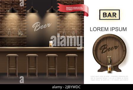 Concept intérieur réaliste de taverne avec tabourets de bar suspendus lampes brillantes mur de brique tasse de bière sur le comptoir et illustration vectorielle de fût de bière en bois Illustration de Vecteur