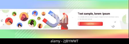 femme d'affaires avec grand aimant attirer des clients ou des abonnés annonçant le service de gestion de promotion Illustration de Vecteur