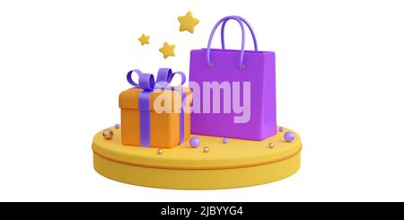 Boîtes-cadeaux orange réalistes avec sac à provisions en papier violet et fond de podium jaune. Concept de ventes du Vendredi fou ou de noël, présent ou surprise. 3d rendu de haute qualité Banque D'Images