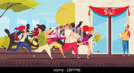 Noisy shopping design concept avec les gens qui s'exécutent pour acheter participer à la vente processus dessin animé illustration vectorielle Illustration de Vecteur