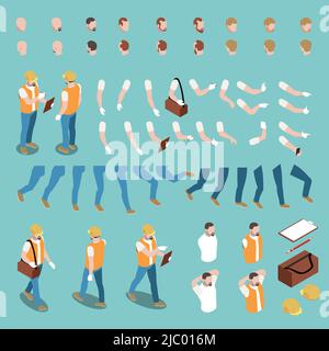 Constructeur mâle constructeur de caractères avec des mouvements de main uniformes jambes Hair 3D Isométrique vecteur isolé illustration Illustration de Vecteur