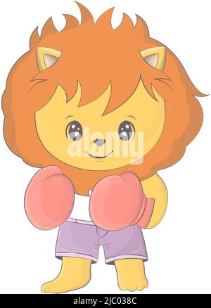 Boxer à motif lion en forme de dessin animé. Illustration vectorielle d'un adorable animal d'athlète. Jolie petite illustration de lion pour les enfants, livre de bébé, contes de fées, couvertures Illustration de Vecteur