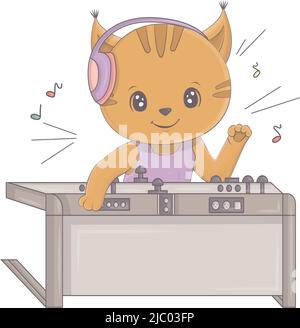 Illustration d'un lynx derrière une console DJ. Illustration vectorielle d'un animal mignon. Jolie petite illustration lynx pour enfants, contes de fées, couvertures, bébé Illustration de Vecteur