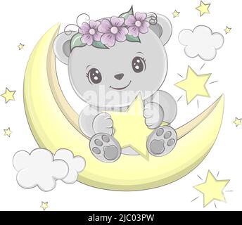 Illustration vectorielle. Un ours est assis sur la lune avec une étoile dans ses pattes. Joli ours pour enfants activité t imprimé, icône, logo, étiquette, patch ou Illustration de Vecteur