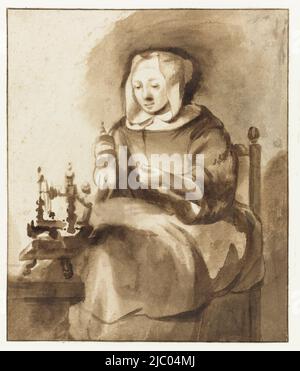 Woman spinning, Gerbrand van den Eeckhout, 1653 - 1657, rapporteur pour avis: Gerbrand van den Eeckhout, 1653 - 1657, papier, brosse, h 170 mm × l 144 mm Banque D'Images