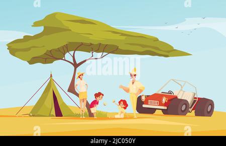 Safari jeep voyage aventures composition plate avec la famille devant la tente sous baobab illustration vectorielle Illustration de Vecteur