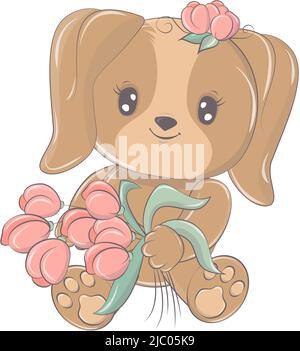 Chien dans un drôle de style de dessin animé. Illustration d'animaux mignons pour produits pour bébés. L'animal dans le vecteur sourit cutely et a de beaux yeux. Illustration Illustration de Vecteur