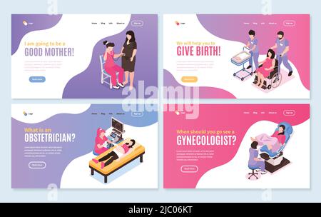 Femmes santé quatre bannières horizontales isolées avec des informations sur la gynécologie obstétrique naissance maternité illustration vectorielle isométrique Illustration de Vecteur