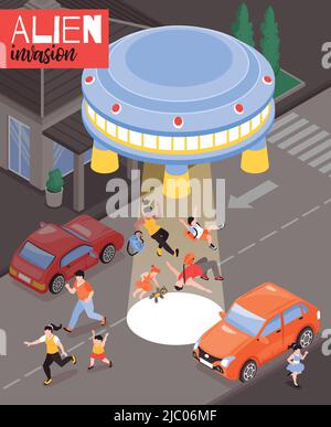 Invasion extraterrestre affiche isométrique avec des gens effrayés et soucoupe volante atterri sur l'illustration du vecteur de la route de la ville Illustration de Vecteur