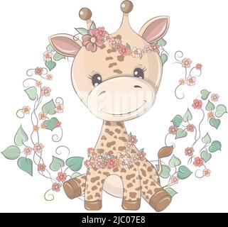 Girafe dans un drôle de style de dessin animé. Illustration d'animaux mignons pour produits pour bébés. L'animal dans le vecteur sourit cutely et a de beaux yeux Illustration de Vecteur