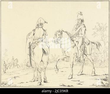 Deux cavalrymen français à cheval, dessinateur: Johannes Vinkeles, 1802, papier, stylo, h 173 mm × l 216 mm Banque D'Images