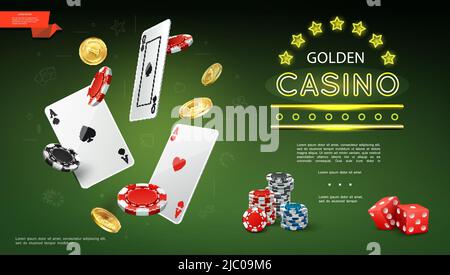 Composition réaliste de casino avec des cartes volantes jetons de poker pièces d'or et jeu rouge dés sur fond vert illustration vectorielle Illustration de Vecteur
