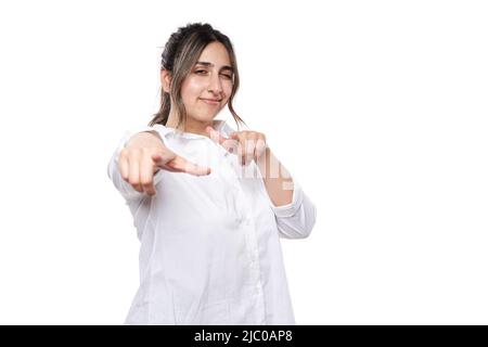 Gros plan portrait d'une taille plus femme d'affaires indienne isolée sur fond blanc Banque D'Images