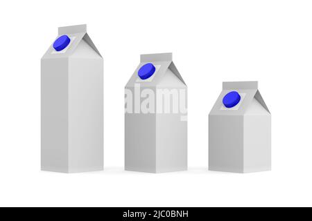 Boîte en carton contenant du lait et du jus sur fond blanc. Illustration isolée 3D Banque D'Images