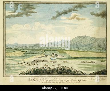 Kweekvlei, près de l'actuel Prince Albert, Kweekvlei, la ferme de la veuve de Zacharias de Beer, à l'est de la rivière Gamka., dessinateur: Robert Jacob Gordon, Kaapprovincie, août-1778 - jan-1779, papier, stylo, brosse, h mm × l mm, h 427 mm × l 480 mm, h 395 mm × l 480 mm Banque D'Images