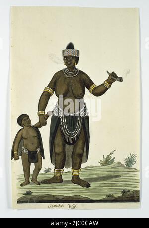 Fumeuse de la Khoikhoi avec enfant et un tuyau de corne de boeuf, Une debout, probablement Khoikhoi, femme, avec pipe de tabac et enfant, dessinateur: Robert Jacob Gordon, oct-1777 - Mar-1786, papier, brosse, stylo, h 660 mm × l 480 mm, h 350 mm × l 220 mm, h 335 mm × l 219 mm Banque D'Images