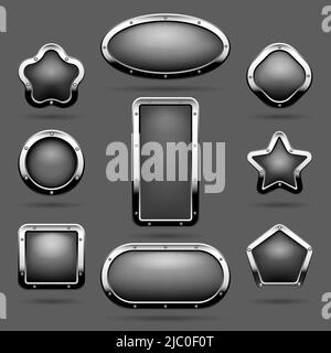 Cadres chromés ou boutons de panneau métallique avec illustrations vectorielles. , Acier de panneau en forme ovale et illustration en étoile Illustration de Vecteur