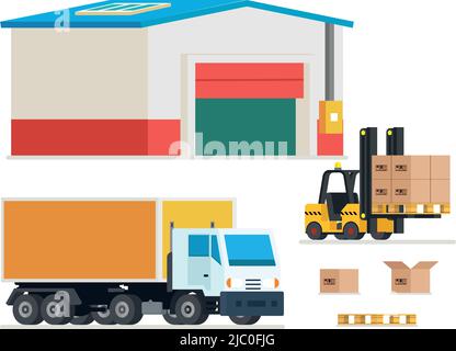Transport de marchandises. Chargement et déchargement des camions. Transport et distribution, entrepôt, service de marchandises, illustration vectorielle Illustration de Vecteur