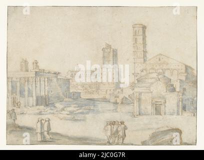 Vue du Forum Romanum avec le temple d'Antonius et Faustina, rapporteur pour avis: Anonyme, rapporteur pour avis intermédiaire: Anonyme, c. 1575 - avant 1585, papier, stylo, pinceau, h 164 mm × l 225 mm Banque D'Images