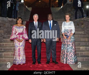 RDC Congo deuxième jour Lady Denise Nyakeru, RDC Congo Président Felix Tshisekedi, Reine Mathilde de Belgique et Roi Philippe - Filip de Belgique photographié pendant le gala dinerlors d'une visite officielle du couple royal belge en République démocratique du Congo, mardi 07 juin 2022, à Kinshasa. Le roi et la reine de Belgique visiteront Kinshasa, Lubumbashi et Bukavu de 7 juin à 13 juin. Photo par Olivier Polet/ABACAPRESS.COM Banque D'Images