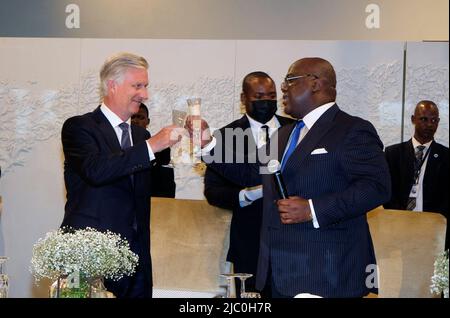 RDC Congo deuxième jour Lady Denise Nyakeru, RDC Congo Président Felix Tshisekedi, Reine Mathilde de Belgique et Roi Philippe - Filip de Belgique photographié pendant le gala dinerlors d'une visite officielle du couple royal belge en République démocratique du Congo, mardi 07 juin 2022, à Kinshasa. Le roi et la reine de Belgique visiteront Kinshasa, Lubumbashi et Bukavu de 7 juin à 13 juin. Photo par Olivier Polet/ABACAPRESS.COM Banque D'Images