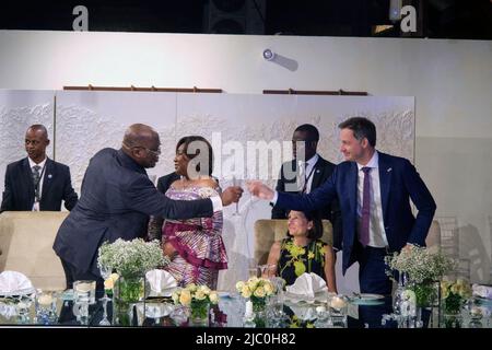 RDC Congo deuxième jour Lady Denise Nyakeru, RDC Congo Président Felix Tshisekedi, Reine Mathilde de Belgique et Roi Philippe - Filip de Belgique photographié pendant le gala dinerlors d'une visite officielle du couple royal belge en République démocratique du Congo, mardi 07 juin 2022, à Kinshasa. Le roi et la reine de Belgique visiteront Kinshasa, Lubumbashi et Bukavu de 7 juin à 13 juin. Photo par Olivier Polet/ABACAPRESS.COM Banque D'Images