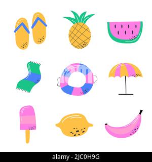 Bonjour été. Illustration vectorielle de symboles amusants colorés dessinés à la main. Ensemble de gribouillages d'été sur fond blanc. Illustration de Vecteur