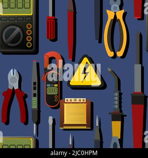 Outils pour électricien. Réparation de matériel électronique radio et de microprocesseur. Pièces de rechange et service. Motif sans couture. Vecteur Illustration de Vecteur