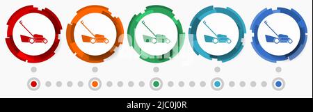Jeu d'icônes vectorielles de concept de tondeuse à gazon, pointeurs de conception plate, modèle d'infographie Illustration de Vecteur