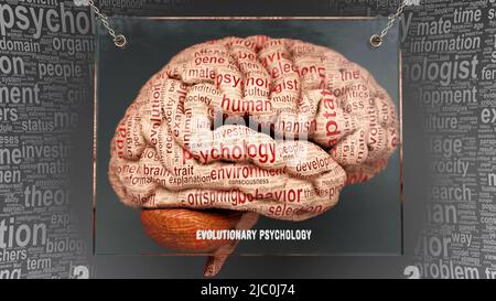Psychologie évolutive dans le cerveau humain - des dizaines de termes décrivant ses propriétés peintes sur le cortex cérébral pour symboliser sa connexion au mi Banque D'Images
