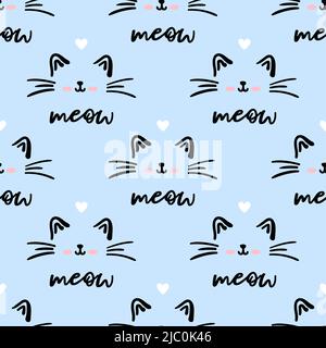 Motif bleu chat sans couture. Illustration du vecteur d'arrière-plan Meow et Cat Paws. Joli personnage de dessin animé pastel pour bébé fille de bébé imprimé. Illustration de Vecteur