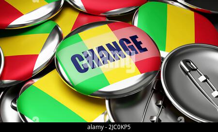 Changement au Mali - drapeau national du Mali sur des dizaines de boutons de pinback symbolisant le changement à venir dans ce pays. ,3d illustration Banque D'Images
