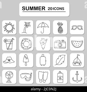 20 Summer Line Art Doodle Icon sur fond gris et blanc Sqaure. Illustration de Vecteur