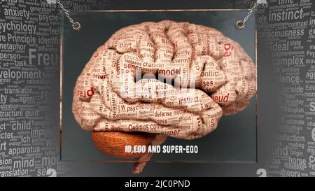 Idego et le super ego dans le cerveau humain - des dizaines de termes décrivant ses propriétés peintes sur le cortex cérébral pour symboliser son lien avec l'esprit. Banque D'Images