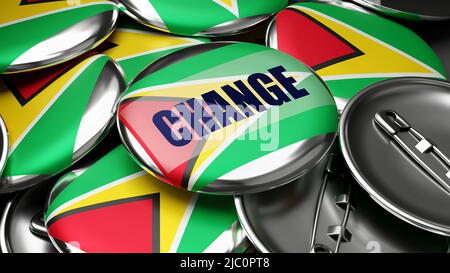 Changement au Guyana - drapeau national du Guyana sur des dizaines de boutons de pinback symbolisant le changement à venir dans ce pays. ,3d illustration Banque D'Images