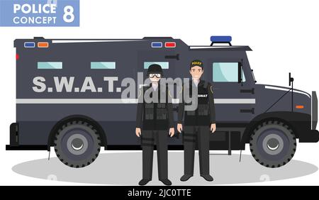 Illustration détaillée d'une voiture de police, d'un agent SWAT et d'un policier de style plat sur fond blanc. Illustration de Vecteur