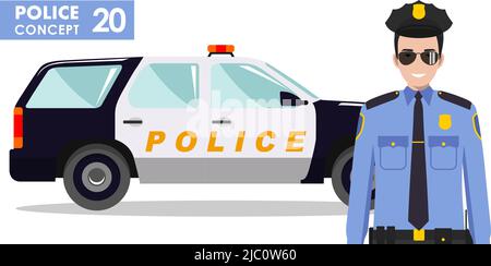 Illustration détaillée de la voiture de police et de l'officier de police de style plat sur fond blanc. Illustration de Vecteur