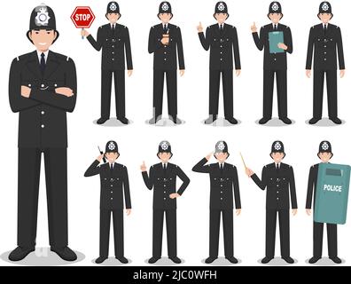 Ensemble de différentes illustrations détaillées de la police de Grande-Bretagne debout dans différentes positions dans le style plat sur fond blanc. Illustration vectorielle Illustration de Vecteur