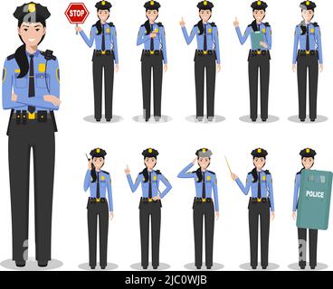 Ensemble de différentes illustrations détaillées de l'officier américain SWAT, policier et shérif debout dans différentes positions dans le style plat sur fond blanc Illustration de Vecteur