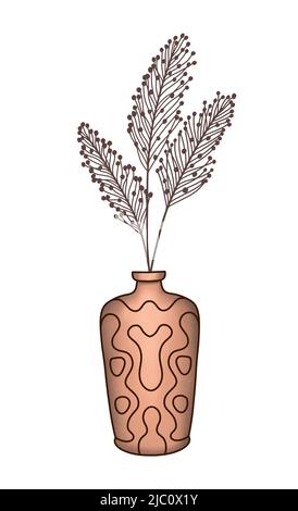 Maison ou bureau pour la décoration. Les feuilles dans le vase sont dessinées à la main. Icône. Pot de fleurs décoratif isolé sur fond blanc. Usine. Banque D'Images
