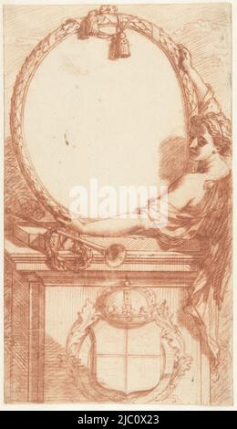 Design pour une impression, Design pour le cadre autour d'un portrait de Henry VIII, dessinateur: Adriaen van der Werff, dessinateur: Charles le Brun, (attribution rejetée), 1692 - 1713, papier, h 296 mm × l 172 mm Banque D'Images