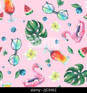 Aquarelle illustration d'un motif sur le thème d'un bar de plage. Ensemble d'éléments : cocktail, myrtille, pastèque, plumeria, lunettes de soleil, gonflable f Banque D'Images