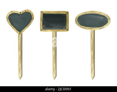 Illustration aquarelle d'un petit pointeur en bois indiquant les noms des plantes et des fleurs domestiques. Bois avec un fond noir graphite sur une sti Banque D'Images