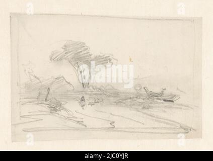 Croquis d'un paysage avec un arbre et un bateau, dessinateur: Andreas Schelfhout, 1797 - 1870, papier, h 125 mm × l 196 mm Banque D'Images