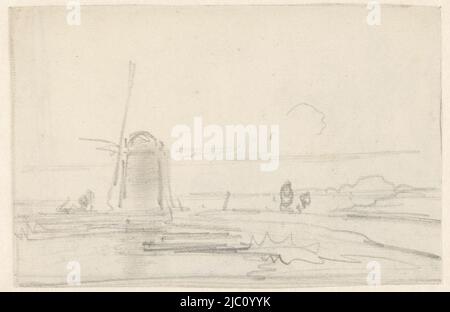 Croquis d'un paysage avec moulin au bord de l'eau, dessinateur: Andreas Schelfhout, 1797 - 1870, papier, h 122 mm × l 187 mm Banque D'Images