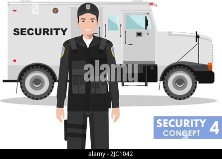 Illustration détaillée d'une voiture de sécurité blindée et d'un gardien de sécurité sur fond blanc et de style plat. Illustration de Vecteur