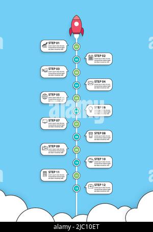 Infographies de démarrage avec modèle de données de ligne mince 12. Illustration vectorielle abstraite fusée sur fond bleu. Illustration de Vecteur