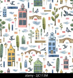 Illustration aquarelle d'un motif sans couture de jolies maisons de vieille ville. Maisons européennes multicolores, ponts, dessins animés, lampadaire, pigeons Banque D'Images
