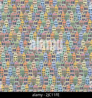 Illustration aquarelle d'un motif sans couture de jolies maisons de vieille ville. Maisons européennes multicolores, ponts, dessins animés, lampadaire, pigeons Banque D'Images