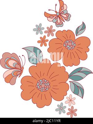 Arrangement de fleurs et de papillons Retro 70s 60s Groovy hippie Fleur Power Vibes illustration vectorielle isolée sur blanc. Boho été rétro couleurs imprimé fleuri. Illustration de Vecteur
